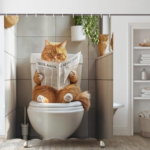 ASDCXZ Duschvorhang Lustig Katze 180x200 cm, Niedlich Kätzchen Lesen Zeitung Kinder Badezimmer Tier Urkomisch Wasserdicht Badvorhang Polyester Textil Waschbar Duschvorhänge für Badewanne mit 12 Haken