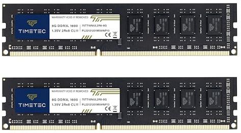 Timetec Premium 16GB KIT(2x8GB) DDR3L / DDR3 1600MHz (DDR3L-1600) PC3L-12800 / PC3-12800 Non-ECC Unbuffered 1.35V/1.5V CL11 2Rx8 Dual Rank 240 Pin UDIMM Desktop PC Computer Memory RAM(SDRAM)