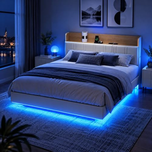 YYXLDYNB Bett mit Bettkasten, 160 x 200 cm, mit Lattenrost, Bettgestell mit LED-Beleuchtung und USB-Aufladung, Doppelbett 160 x 200 cm, mit schwimmendem Rahmen, PU, weiß (ohne Matratze)