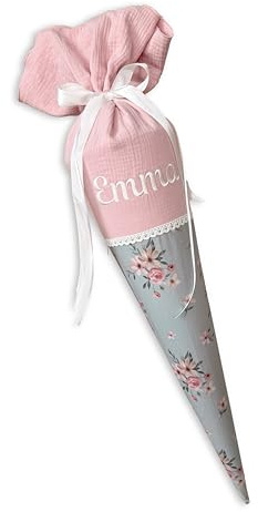 Generisch Schultüte für Mädchen Rosa Blumen Blüten | personalisierte Zuckertüte mit Name | handgemacht | hochwertige Stoffschultüte zur Einschulung (35cm - ohne Kissen)