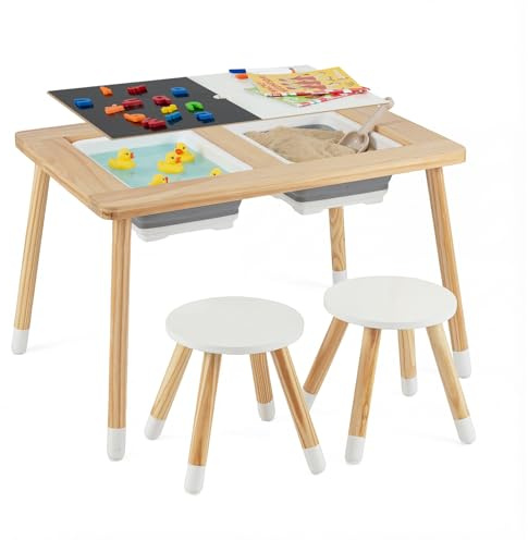 COSTWAY 6 in 1 Kinder Spieltisch, sensorisch Tisch mit doppelseitigen Tischplatte & 2 faltbaren Behältern, Kindertisch Montessori mit 2 Stühlen, Wasser- & Sandtisch für Kinder ab 3 Jahren (Rund)