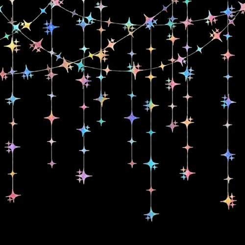 G2PLUS Sternen Papier Girlande Iridescent: 4 Stücke Glitzer Papiergirlande | 12M Holografische Sterngirlande Deko für Geburtstag, Hochzeit, Party, Wand & Fenster