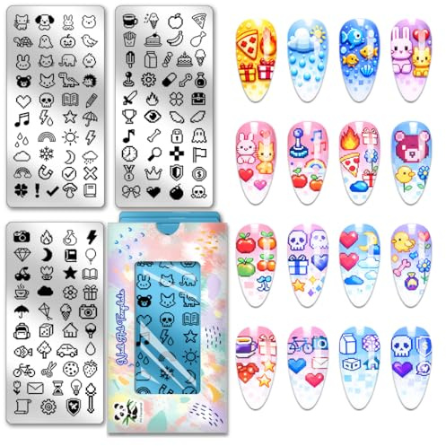 PH PandaHall 3pcs Pixel Pattern Nail Stamping Plates Cute Animals Nails Art Stencils Fruit Cake Nails Image Plates Moon Star Flower Nail Art Templates for Women Manicures Salon DIY Printing Design
