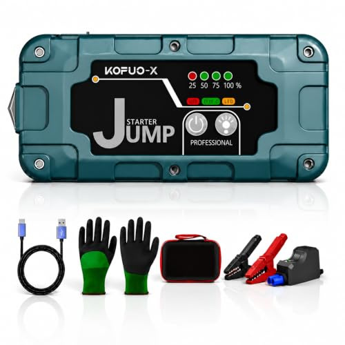 KOPUO 7000A Starthilfe Powerbank für Pkw, 12V Starthilfe mit Zubehörset | Auto Starthilfe Powerbank für 8L Benzin&6,5L Diesel, Jump Starter mit LED-Leuchte, Arbeitshandschuhe, Fensterbruchfunktion