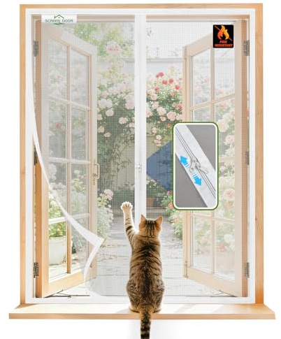 SCREEN DOOR Zanzariera per Finestre 70x140 cm, Installazione Semplice, Fibra di Vetro Ignifuga e Antistrappo, Design con Cerniera Appositamente Studiato per Finestre, Zanzariera Flessibile, Bianco