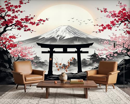 PaxGloz Cherry Blossom Japanese Landscape Wallpaper, Torii Gate Mount Fuji Wall Mural for Living Room & Bedroom, Non-Woven Decorative Wall Art 300x210 cm