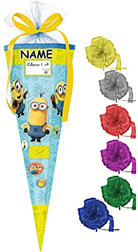 alles-meine.de GmbH BASTELSET Schultüte - Minnion - ich einfach unverbesserlich - 85 cm - incl. Name & Schleife - mit Kunststoff Spitze & Tüllverschluß - Zuckertüte - incl. R..