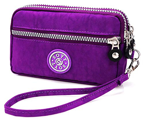 LassZone Wristlets Wallets for Women Nylon Clutch Bag Mobile Phone Purse Smartphone Bag Ladies 3 Layer Zipper Handbag with Detachable Wrist Strap for Cellphone Card Cash
