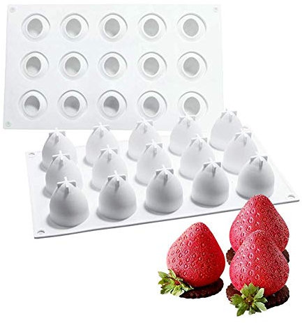 OCPO KITCHEN Schokoladenformen Silikon, Silikonform Erdbeere 3d, Französische Dessert Mousse Silikonform, für die Herstellung von heißer Schokoladenbombe, Kuchen, Gelee, Kuppelmousse (15 Mulden)