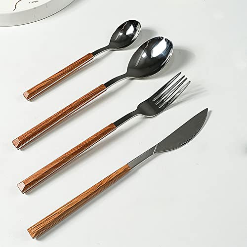 Couverts de Table 4 personnes, Ménagère 16 pièces en Acier Inoxydable, Couverts Manche en Bois, Ensembles de Couteau Fourchette Cuillère