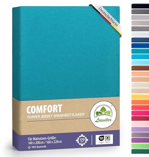 leevitex Premium Topper Boxspringbett Spannbettlaken | 100% Mako-Jersey-Baumwolle | ÖKO-TEX | 170g/m² | 140 x 200-160 x 220 | Petrol/Seegrün | 18 cm Steg