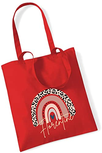 Jutebeutel bedruckt mit Namen & rosa Regenbogen LEO-Print |Stofftasche Baumwolle inkl. Namensaufdruck für Mädchen | Personalisierter Kinderbeutel Tragetasche für Krippe, Kindergarten, Schule rot