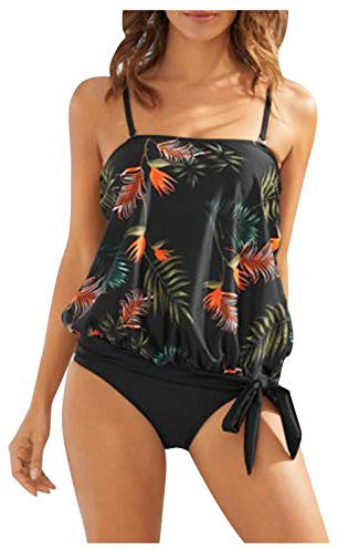 JJPAR Tankini Cache Maillot de Bain Taille Haute Fleuri Femme 2 Pieces Amincissant Gainant Ventre Plat Sexy Impression Bikini Tankini Bustier Shorty Pas Cher Sport Plage Fête Yacht Noir L