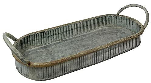 Tablett Zink Oval mit Griffen Dekotablett Vintage Antik-Stil 36x14cm