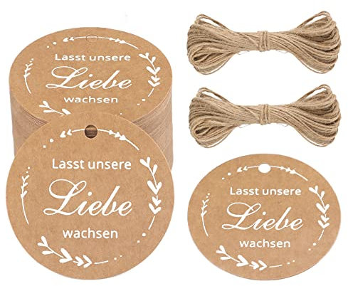 5CM Runden Geschenkanhänger,Lasst unsere Liebe Wachsen Etiketten Kraftpapier, Papieretiketten Anhänger Braun 100stk mit 20M Jute Schnur für Hochzeit Dekoration