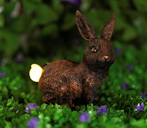 Garden Mile Solar Rabbit Ornament for Garden - Bronze Effect Ornaments Outdoor Statue Waterproof Resin Sculpture with Solar Lights Outdoor Ornament Animal Sculpture for Garden