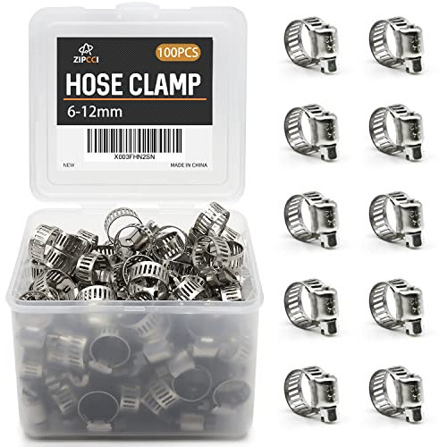 ZIPCCI Small Hose Clamp, 100 Pack Hose Clamps Stainless Steel Worm Gear Fuel Line Hose Clamps, 6-12mm (1/4-1/2 inch)