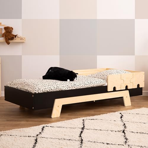 SMARTWOOD Kinderbett mit Lattenrost und Rausfallschutz Puzzle BR1 Montessori einzelbett für Jungen und Mädchen - Bett aus Kiefer Sperrholz mit Rausfallschutz und Lattenrost - Schwarz - 90x200 cm
