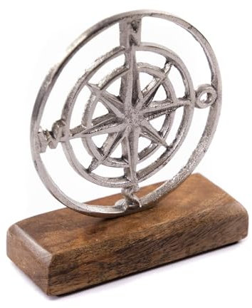 DESIGN DELIGHTS Présentoir maritime - Bois de manguier - Métal - 16 cm - Rose des vents sur socle - Boussole - Figurine décorative