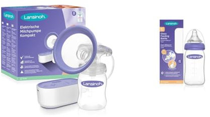 Lansinoh Elektrische Milchpumpe Kompakt - besonders klein & leise - ideal zum abpumpen für zu Hause und unterwegs - Kompatibel mit Powerbank & Glas Babyflasche mit NaturalWave Sauger Gr. S, 160 ml