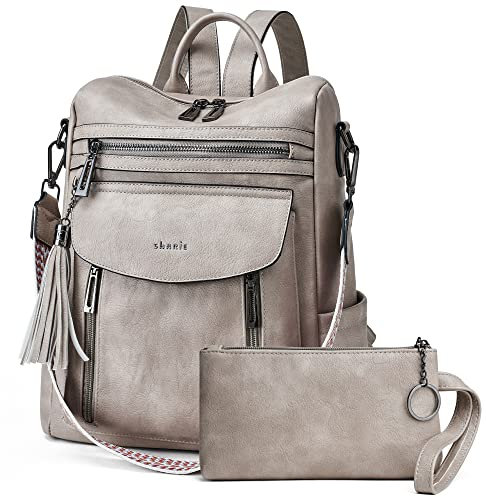Shrrie Rucksack für Damen, modischer Leder-Rucksack, Geldbörse, Designer-Reiserucksack, Schultertasche, 1-5, zweifarbig, grau, Reiserucksäcke