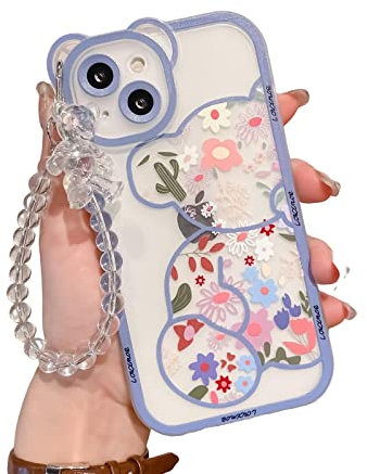 IAIYOXI for iPhone 8 Plus Case with Cute Flowers Bear Pattern, Camera Protector, Clear Phone Case and Lovely Strap Bracelet Chain, Compatible for iPhone 8 Plus for Girls Women (Blue)