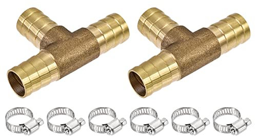 M METERXITY 2 Pack Barb Hose Fittings - 12mm OD Brass Hose Fitting Pipe Connector with Hose Clamps Apply to Water Fuel (T Shaped 3 Way)