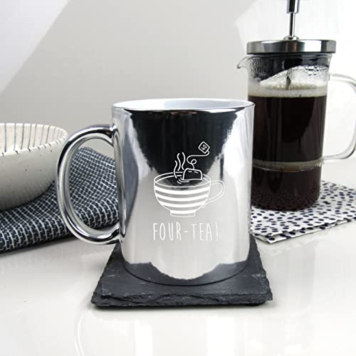 eBuyGB Engraved Metallic Shiny Silver Coffee Mug -Four-Tea Design - 350ml Tea Cup, 40th Milestone Birthday Gifts for Men, Him - Fourtieth Gift for Friend, Brother, Son, Dad, Husband