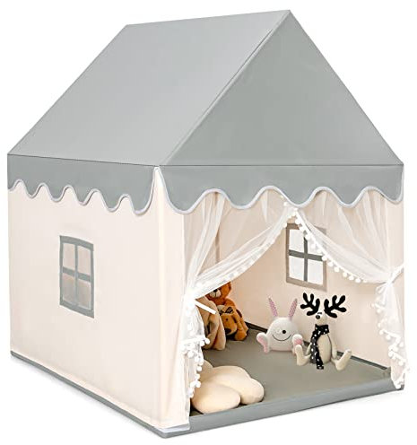 GYMAX Casetta per Bambini, Tenda in Tessuto Oxford con Tappetino in Cotone Lavabile, Telaio in Legno di Pino Canforato, Design Pieghevole, Adatta a Interno ed Esterno (Stile 2)