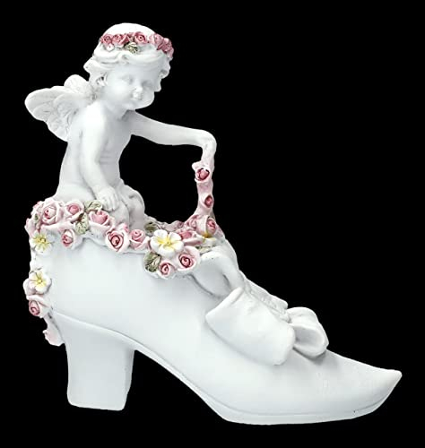 Engel Figur Putte mit Rosen auf Schuh | Cherub 11,5 cm