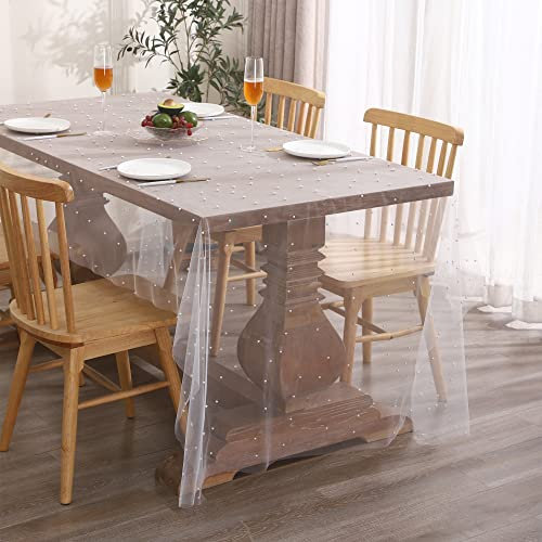 Tosleo Chiffon Tischläufer Weiß Dünner Tüll Dekostoff aus Perlgarn 140 x 220 cm Künstliche Perlen Tischläufer Romantisch Tischdecke für Brautdusche Hochzeitsläufer Tischdekorationen Geburtstage Party