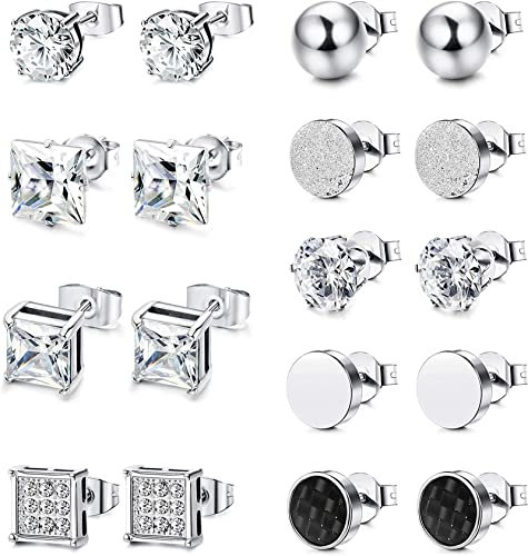 JeweBella 2/9/12 Paar Ohrstecker Set für Herren Damen Edelstahl Punk Runde Zirkonia Ohrstecker Set Unisex Ohrringe Herren Schwarz Silber