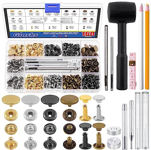 Glarks 160 Sets 2 Styles Leather Snap Fasteners Kit Including 12.5mm Metal Snap Buttons and 8 x 8mm Leather Rivets with 11Pcs Punch Hammer Setting Tools, Grease Pencils and Tape Measure