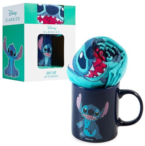 Disney Taza Set Tazas y Calcetines Mickey Minnie Marie Aristogatos Lilo y Stitch Regalos (Azul Mario Stitch)