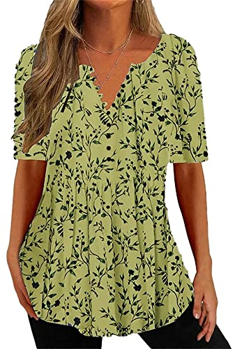 KCatsy Women Gradient Paisley Floral Flower Spot Dot Ombre Button Embellished Summer Top V-Neck T-Shirt Short Sleeve Tee Tunic Loose Blouse D Leaf Green M 12