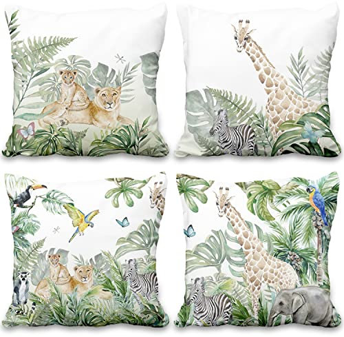 Aoihrraan Animaux De Safari dans La Jungle Housse De Coussin 40x40cm Lot De 4, Aquarelle Forêt Girafe Lion Tropical Feuilles Peluche Taie d'oreiller Décoratifs pour Salon D'Extérieur Jardin Canapé