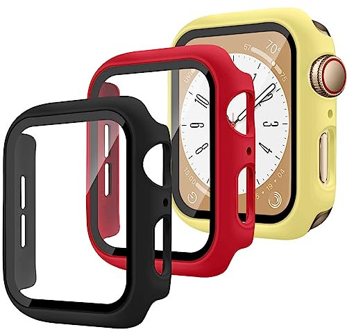 SOLOLUP 3 Pezzi Cover per Apple Watch Series 6/5/4/SE 44mm Vetro Temperato Pellicola Protettiva,Cover Completa PC Rigido Case Protettiva per Apple Watch 44mm Custodia,Nero/Rosso/Giallo