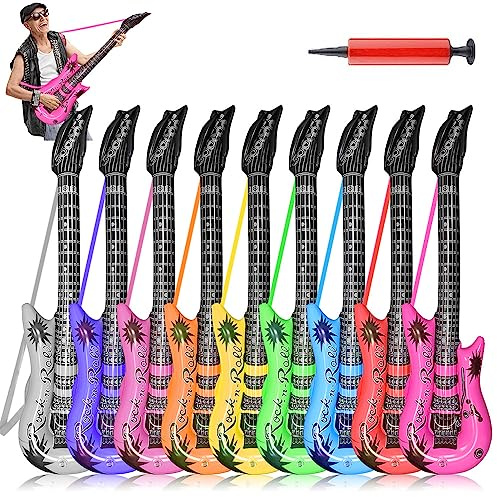 Inflatable Guitar with Strap, 9 Colors 35 Inch Rock Star Guitar Set for 80s 90s Themed Carnival Party, Adults Children’s Birthday Party, Wedding and Photo Booth Props