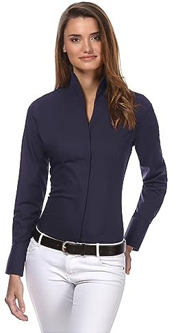 Vincenzo Boretti Damen Bluse mit Kelchkragen leicht tailliert 100% Baumwolle bügelleicht Langarm Hemdbluse mit Stehkragen elegant festlich auch für Business dunkelblau 38
