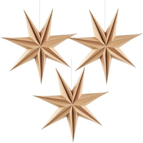 SUNBEAUTY 3 Stück Papier Stern 30cm Original Holzfarbe Faltstern Weihnachten Dekoration 7 Zacken Faltsterne Party Deko für Hochzeit Geburtstag Tischdeko Weihnachtsdekoration