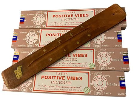 VIE Satya Incense Sticks, 4 Packs x 15g, with Incense Holder, Positive Vibes