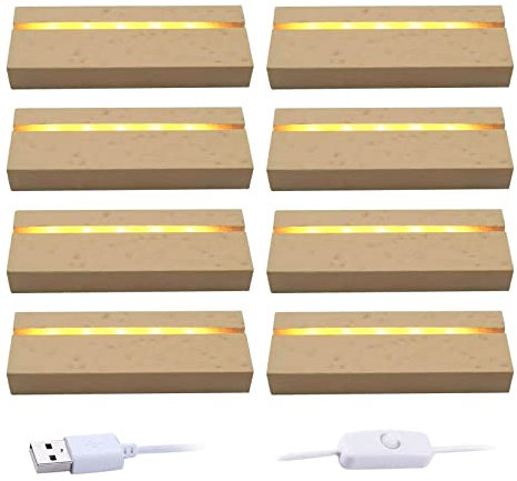 QENETY Hölzerner LED-beleuchteter Sockel, 10,9 cm, LED-Leuchten, rechteckiger Ausstellungssockel für Kristallglas, Harz, Kunst, Heimdekoration (8 Stück)