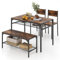 TANGZON Dining Table and 2 Chairs with Bench, Wooden Kitchen Table and Chairs Set of 4 with 2 Storage Racks, Metal Frame Dining Room Sets Furniture for Home Living Room Restaurant (Rustic Brown)