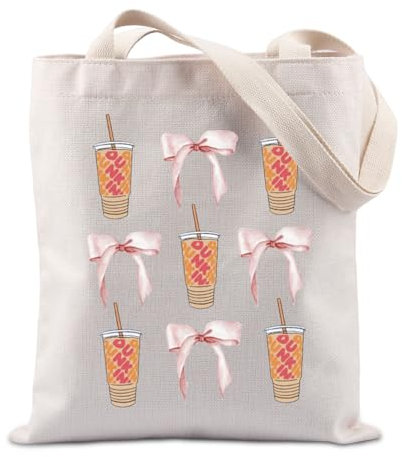 JTOUK Drinkin Tragetasche mit Schleife, wiederverwendbar, ästhetisch, Dunkin, Donuts, Geschenk für Damen, Kaffeebraun, Drinkin Coffee Tote EU, 13.78 inch x 15.75 inch, Large