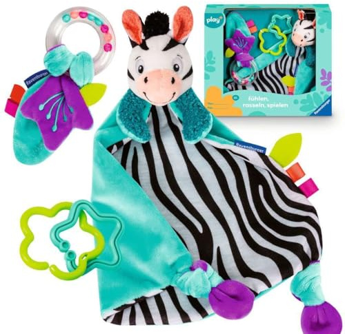 Ravensburger 4858 Play+ Fühlen, rasseln, Spielen (Geschenk-Set: Zebra), Schmusetuch, Geschenk zur Geburt, Taufe, Baby Shower, Stimulation der Sinne, fördert die Feinmotorik, für Babys ab 0 Monaten