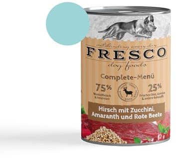 Fresco Complete-Menü 6 x 400g Hirsch m. Zucchini, Amaranth & Rote Beete (haltbares B.A.R.F.) | ohne künstliche Zusätze | Getreidefrei | schonend dampfgegart