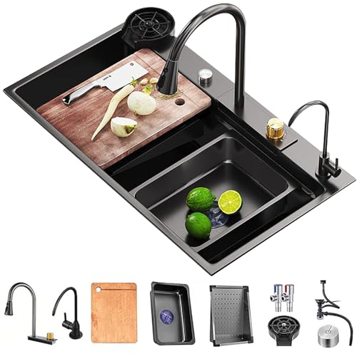 KSYGINXD Fregadero de cocina de 80 x 45 cm, con cascada, de acero inoxidable, nano fregadero, estación de trabajo con grifo extraíble multifuncional y accesorios