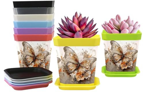 Edle Blumentöpfe aus Kunststoff mit Ablauflöchern und Tabletts, Gartenbehälter, geeignet für Sukkulenten, Blumen, Kakteen, Kräuter, 8 Stück