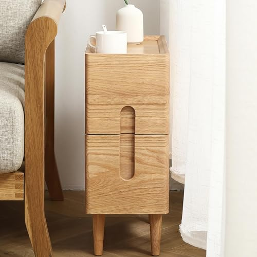 Nachttisch Schmal 20cm Eiche Bedside Table Nachtschrank 2 Schubladen Möbel | Holz Side Table Bedroom Beistelltisch Schlafzimmer Kommode Mini Anrichte Platzsparend Holztisch Aufbewahrung Schrank