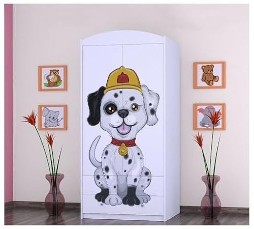 BDW - Kinder Kleiderschrank - Kinderschrank Super Hunde Motiv - Aufbewahrungsschrank für Jugendzimmer, Kinderzimmer - Drucke aus sicheren Farben - 187x88x54cm - Weiß - Hund Feuerwehrmann